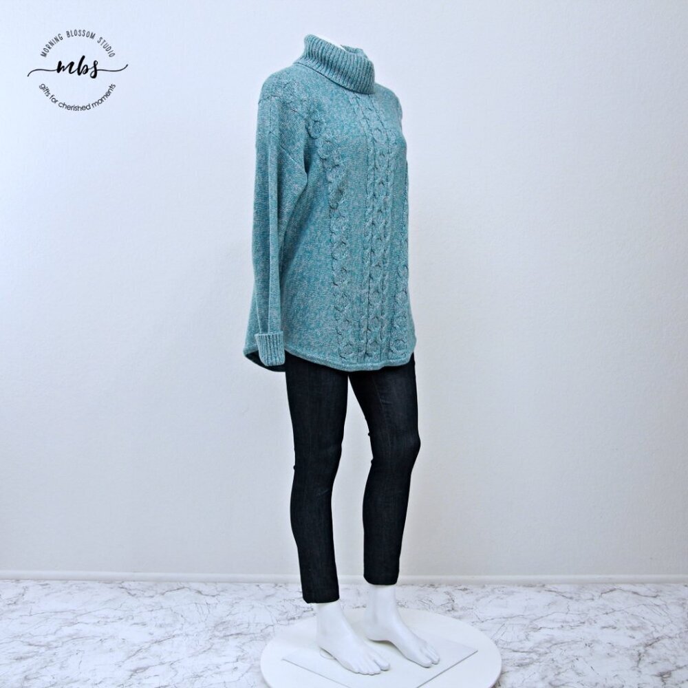 L.L. Bean Double L Cotton Cable Knit Turtleneck Sweater Pullover‎ Teal Women L